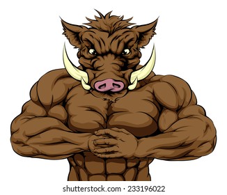 A tough muscular boar mascot character getting ready for a fight