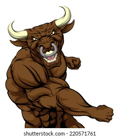 A tough muscular bull mascot character in a fight punching