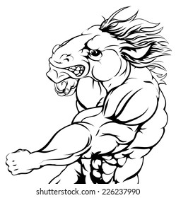 A tough muscular horse character sports mascot attacking with a punch