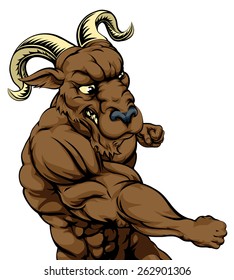 A tough muscular ram character sports mascot attacking with a punch