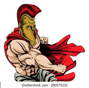 A tough muscular Spartan mascot character with red cloak in a fight punching