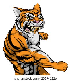 A tough muscular tiger character sports mascot attacking with a punch