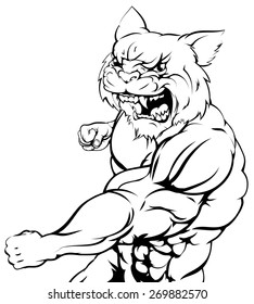 A tough muscular wildcat character sports mascot attacking with a punch