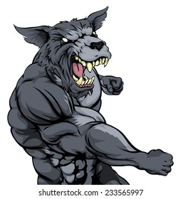 A tough muscular wolf character sports mascot attacking with a punch