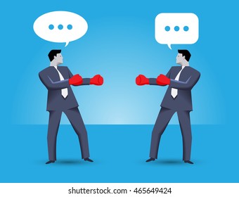Tough Negotiation Business Concept. Two Businessmen Standing Against Each Other, Wearing Boxer Gloves And Ready To Fight, But Still Trying To Solve Their Problems Via Negotiation.
