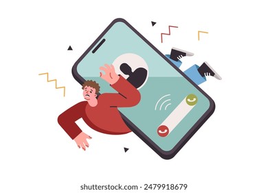 Tough phone conversations put pressure on man, who has become victim of telephone scammers. Problem of digital addiction of unhappy guy lying on ground under huge phone with incoming call