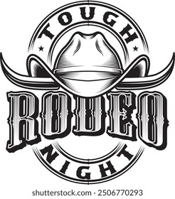 Tough rodeo night. Artwork design, illustration for T-shirt printing, poster, badge wild west style, American Western.	