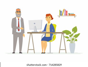 Tough talk with boss - modern cartoon people characters illustration. A senior angry man shouts at displeased employee sitting at the computer. An example of stressful situation at work, office