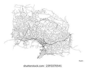 Toulon city map with roads and streets, France. Vector outline illustration.