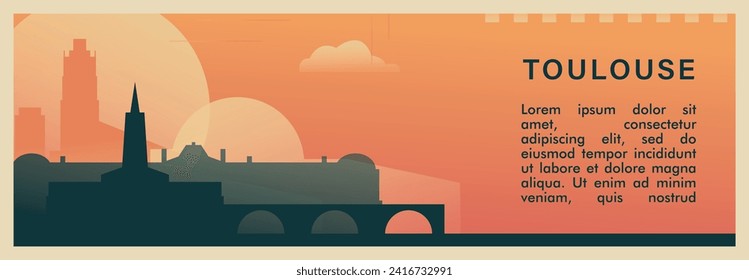 Toulouse city brutalism vector banner with skyline, cityscape. France, Occitania town retro horizontal illustration, travel layout for web presentation, header, footer