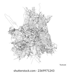 Toulouse city map with roads and streets, France. Vector outline illustration.