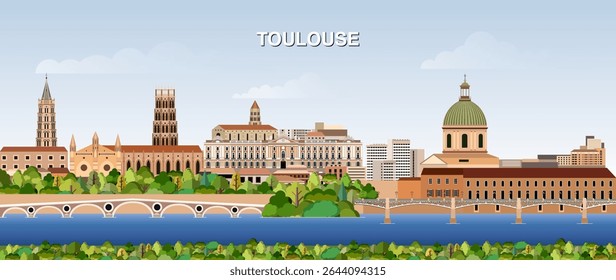 Toulouse city skyline on gradient beautiful day sky background. Vector illustration
