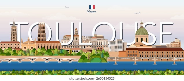Toulouse vista cidade ilustração vetor colorido com o nome da cidade grande no fundo. Cartaz da moda da viagem