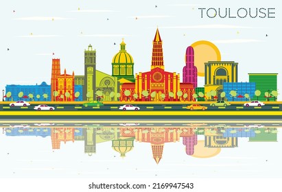 Toulouse France City Skyline with Color Buildings, Blue Sky and Reflections. Vector Illustration. Business Travel and Concept with Historic Architecture. Toulouse Cityscape with Landmarks.