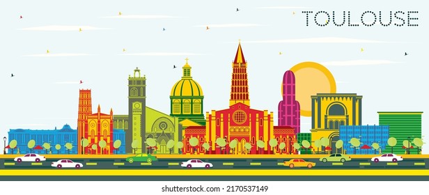 Toulouse France City Skyline with Color Buildings and Blue Sky. Vector Illustration. Business Travel and Concept with Historic Architecture. Toulouse Cityscape with Landmarks.