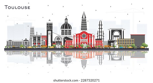 Toulouse France City Skyline with Color Buildings and Reflections Isolated on White. Vector Illustration. Business Travel and Concept with Historic Architecture. Toulouse Cityscape with Landmarks.