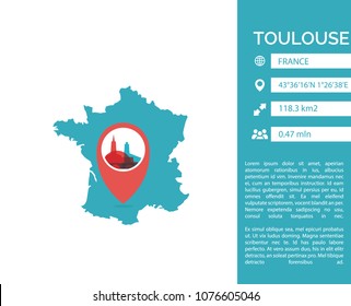 Toulouse map shape vector infographics template. Modern city data statistic isolated illustration