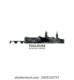 Toulouse panorama, vector badge, skyline logo and icon. France city horizon logotype with landmarks and building silhouettes. Isolated foggy abstract gradient graphic