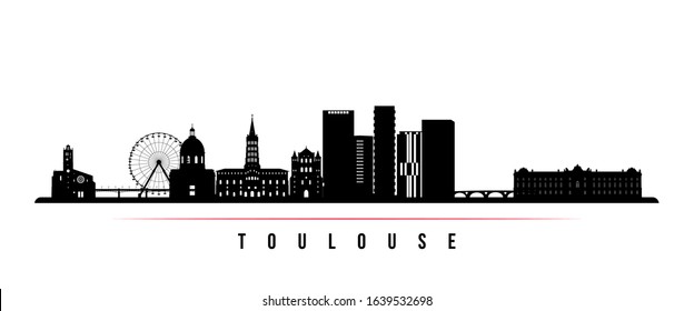 Toulouse skyline horizontal banner. Black and white silhouette of Toulouse, France. Vector template for your design. 