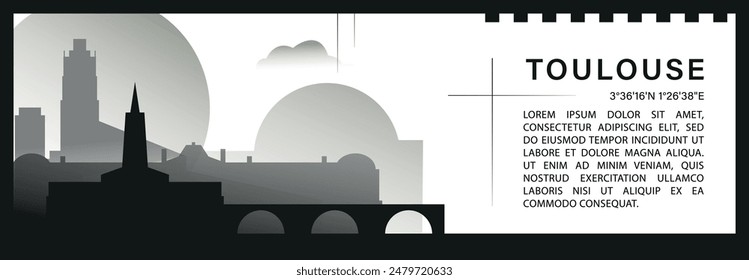 Toulouse skyline vector banner, black and white minimalistic cityscape silhouette. France Occitania city horizontal graphic, travel infographic, monochrome layout for website