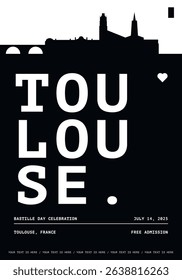 Toulouse typography minimalist vector poster for national event, public holiday, independence day, festival layout. Brochure, leaflet, flyer, presentation image template for France city