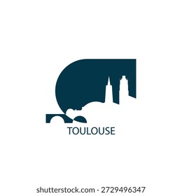 Toulouse vector icon with skyline, panoramic view, outlook shape. France city landmarks logo concept. Flat isolated graphic, badge