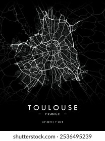 Mapa vetorial de Toulouse em preto. Mapa detalhado de Toulouse em França. Melhor ilustração de vetor livre. Mapa de rua decorativo turístico.