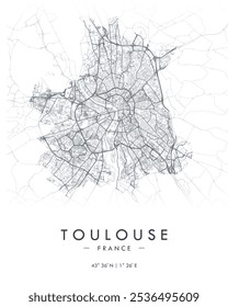 Mapa vetorial de Toulouse. Mapa detalhado de Toulouse em França. Melhor ilustração de vetor livre. Mapa de rua decorativo turístico.