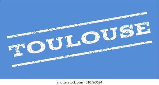 Toulouse watermark stamp. Text caption between parallel lines with grunge design style. Rubber seal stamp with dirty texture. Vector white color ink imprint on a blue background.