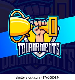 Tounaments Trophy On Hand Esport Logo Design