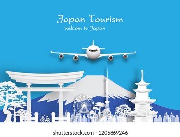 Tour advertising of world famous landmarks of Japan,  paper cut style. Vector illustration.