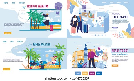 Juego de diseño de la página de inicio de la agencia de turismo. Servicio turístico en línea invitando a viajar. Vacaciones familiares, Viaje a Exotic Resort, World Cruise Along, con Guía. Gente eligiendo reserva vía Internet