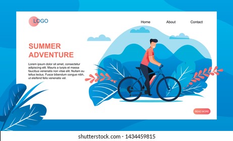 Tour Agency Landing Page Offers Summer Adventure. Bicycle Tour. Man Cartoon Character Riding Bike over Floral Landscape. Vector Flat Illustration with Place for Company or Club Logo and Promo Text
