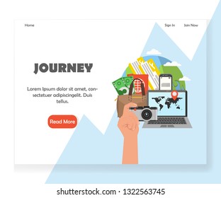 Tour agency landing page template. Vector flat style design concept for website and mobile site development. World journeys services.