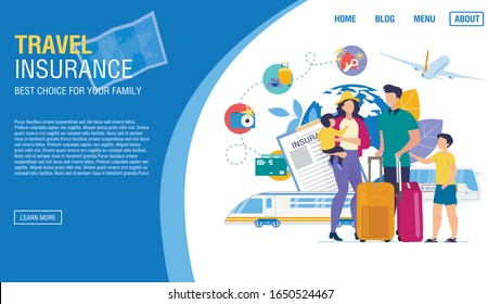 Tour Agency Landing Page Trendy Design. Online Service Offer Trip Rout Travel Insurance. Travelling by Bus, Train, Airplane Safely. Parents with Kids and Luggage. Tourists Family. Vector Illustration