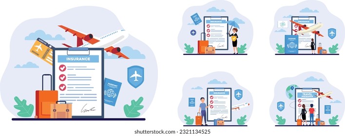 Tour Agency Landing Page Trendy Design. Online Service Offer Trip Rout Travel Insurance. Travelling by Bus, Train, Airplane Safely. Parents with Kids and Luggage. Tourists Family. Vector Illustration