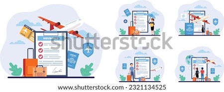 Tour Agency Landing Page Trendy Design. Online Service Offer Trip Rout Travel Insurance. Travelling by Bus, Train, Airplane Safely. Parents with Kids and Luggage. Tourists Family. Vector Illustration