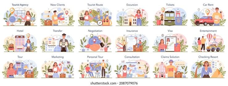 Tour agent concept set. Tourism around the world organization. Travel agent selling tour, cruise, airway or railway tickets. Vacation organization agency, hotel booking. Isolated vector illustration