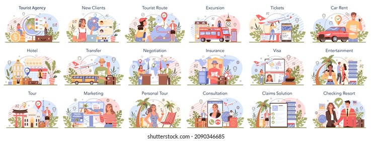 Tour agent concept set. Tourism around the world organization. Travel agent selling tour, cruise, airway or railway tickets. Vacation organization agency, hotel booking. Isolated vector illustration - Shutterstock ID 2090346685