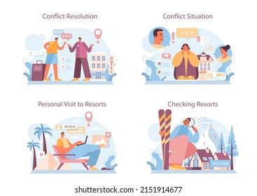 Tour agent concept set. Vacation organization agency. Specialist checking and booking resorts, solving conflict situations. Idea of tourism around the world. Flat vector illustration