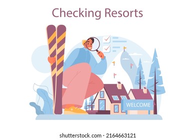 Tour agent concept. Vacation organization agency. Specialist checking and booking resorts, solving conflict situations. Idea of tourism around the world. Flat vector illustration
