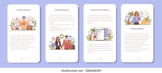 Tour agent mobile application banner set. Vacation organization agency. Specialist checking and booking resorts, solving conflict situations. Tourism around the world. Flat vector illustration