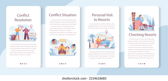 Tour agent mobile application banner set. Vacation organization agency. Specialist checking and booking resorts, solving conflict situations. Tourism around the world. Flat vector illustration