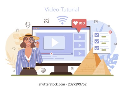 Tour agent online service or platform. Vacation organization agency. Specialist checking and booking resorts. Video tutorial. Flat vector illustration