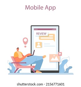 Tour agent online service or platform. Vacation organization agency. Specialist checking resorts, solving conflict situations. Mobile app. Vector illustration