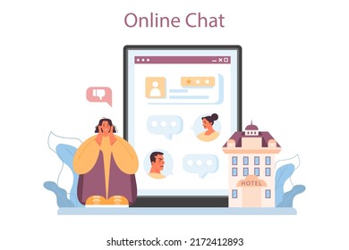 Servicio o plataforma en línea de agente turístico. Agencia de organización de vacaciones. Especialista revisando resorts, resolviendo situaciones de conflicto. Chat en línea. Ilustración del vector