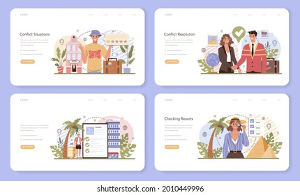 Tour agent web banner or landing page set. Vacation organization agency. Specialist checking and booking resorts, solving conflict situations. Tourism around the world. Flat vector illustration