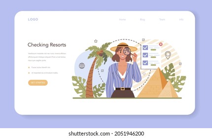 Tour agent web banner or landing page. Vacation organization agency. Specialist checking and booking resorts. Idea of tourism around the world. Flat vector illustration
