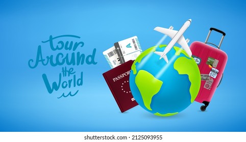 Tour around the world. 3d vector illustration. 3d vector banner with lettering inscription