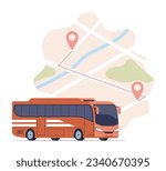 Tour bus and map with traffic navigation route location marker scheme. Vector flat illustration for passenger traffic service